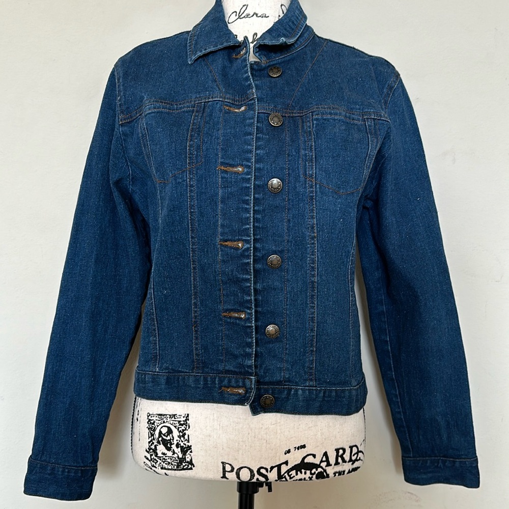 Premier International Women's Blue Denim Jacket M Button Front Collared Pockets
